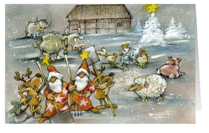 Branchenkarte "Festlicher Hofzauber" für Landwirtschaft, Agrar und Bauernverband mit Tieren, Weihnachtsmänner und Rentieren