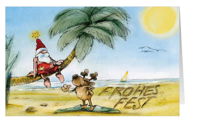 Sonnige Weihnachtskarte "Palmenparadies" für Tourismusbüro, Reisebüro, Reiseveranstalter, Eventagenturen