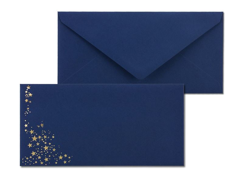 Weihnachts-Briefumschlag blau mit goldenen Sternen, nassklebend, ohne Fenster, DIN lang