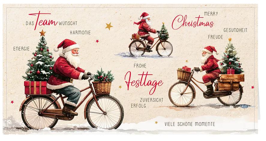 Firmenweihnachtskarte "Festliche Radfahrt" im Retro-Design mit Teamgruß und positiven Worten, DIN lang