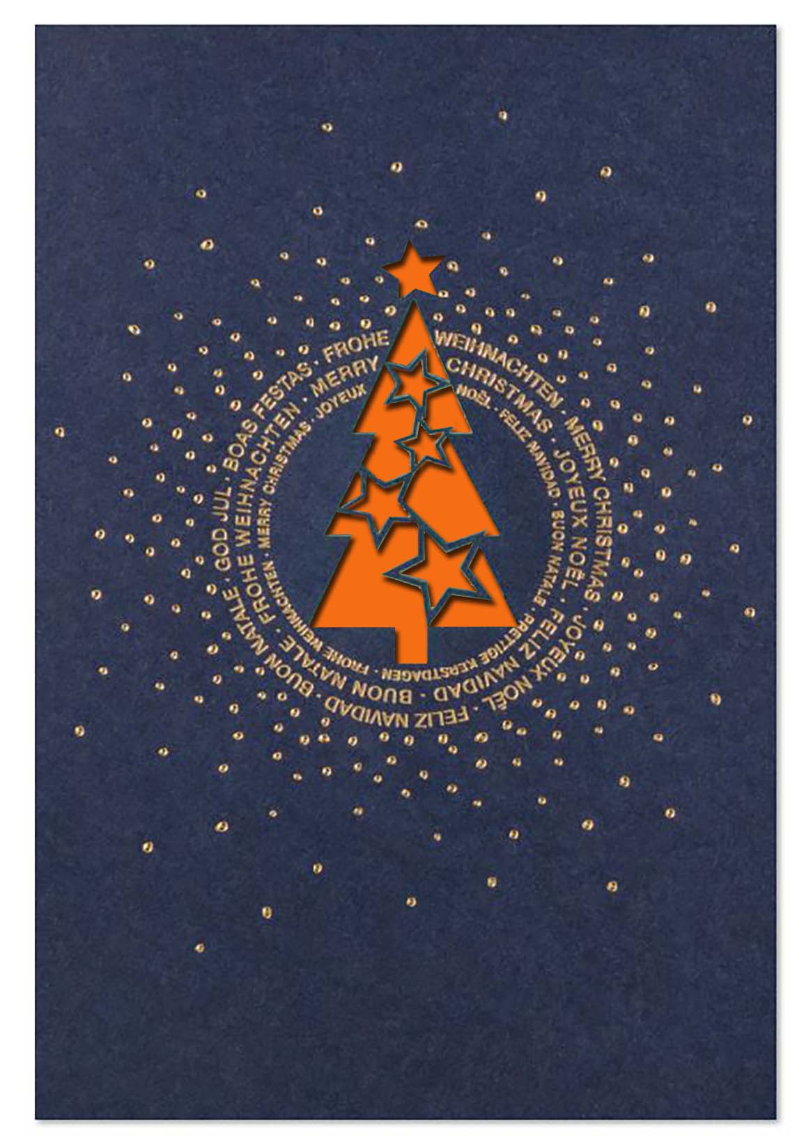 Dunkelblaue Weihnachtskarte mit internationalen Grüßen, Stanzung und Einleger in orange