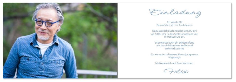 Einladungskarte zum 60. Geburtstag in Blau als Klappkarte mit eigenem Foto innen und individuellem Eindruck