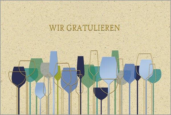 Glückwunschkarte aus Pflanzenfaserkarton mit "Wir Gratulieren" und Gläsern