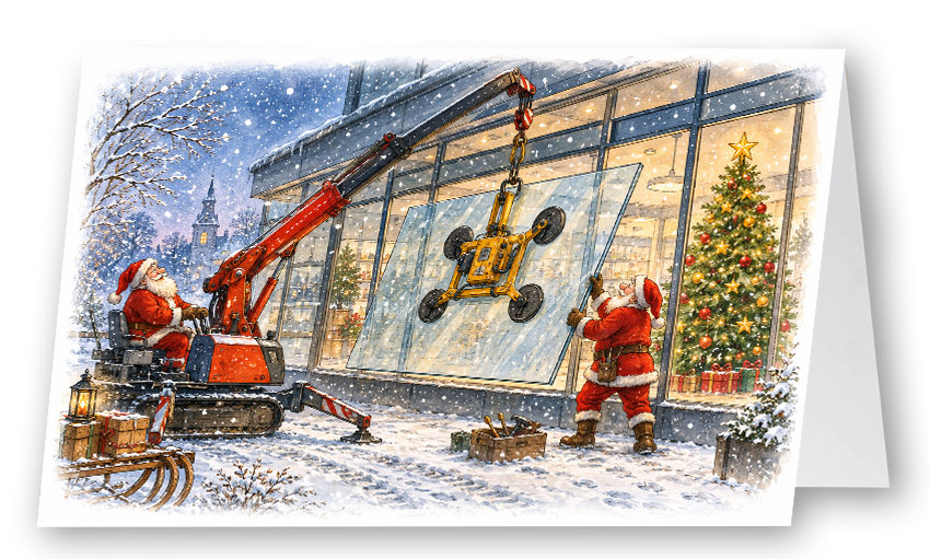 Humorvolle Weihnachtskarte „Santa im Einsatz“ mit Weihnachtsmännern beim Scheibeneinbau und festlich geschmücktem Tannenbaum