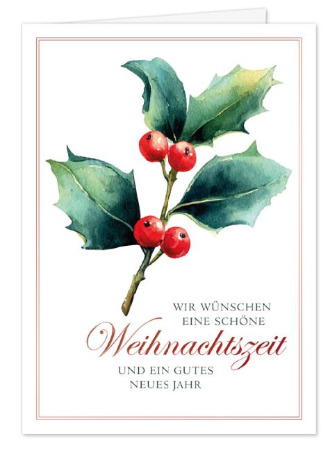 Klassische Spendenweihnachtskarte "Stechpalme“ mit festlichem Gruß und gutem Zweck: Kinderkrebsstiftung