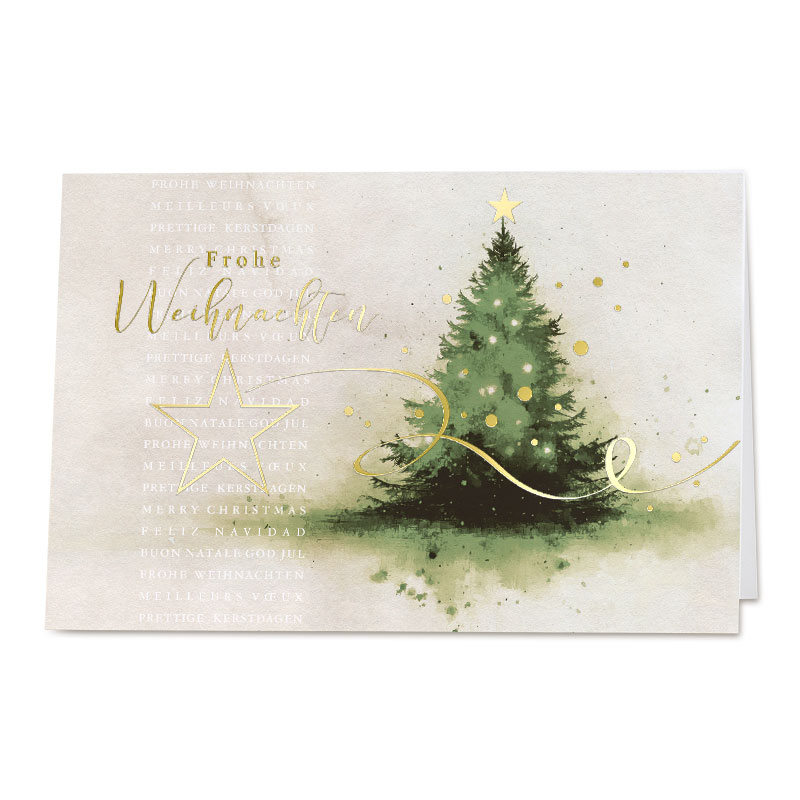 Internationale Weihnachts-Spendenkarte für Herzenswünsche e.V. mit Tannenbaum und goldenem Stern