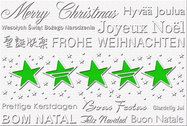 Weihnachtskarte in weiss mit Sternen und mehrsprachigem Weihnachtsgruß sowie grünem Einleger
