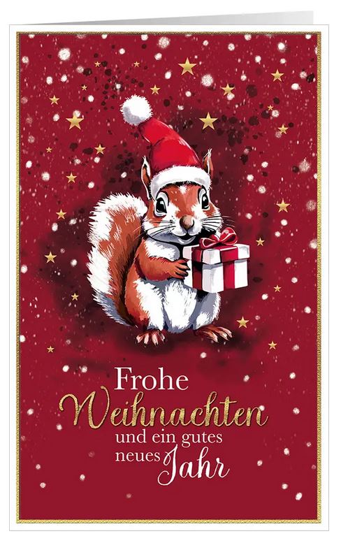 Putzige Weihnachtskarte "Tierische Weihnachten" mit einem Eichhörnchen als Geschenkbote und Weihnachtsgruß