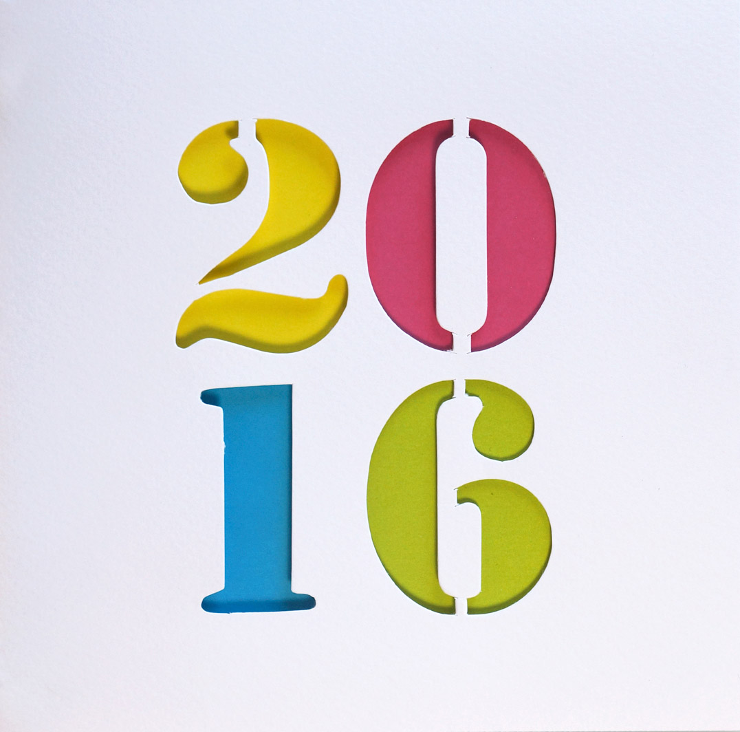 Neujahrskarte weiß mit bunter Jahreszahl 2016 Stanzung