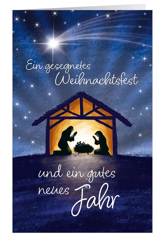Zauberhafte Weihnachtskarte "Krippe unter Sternen" in blau mit christlichem Motiv und Weihnachtsgruß