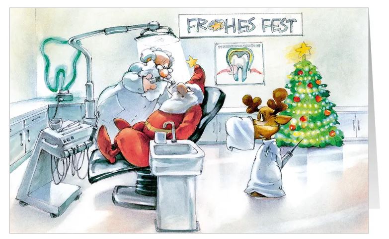 Humorvolle Praxis-Weihnachtskarte für Zahnärzte "Lückenlose Festtage" mit Weihnachtsmann im Zahnarztstuhl