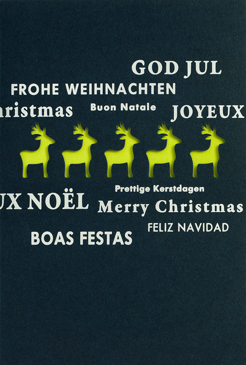 Weihnachtskarte nachtblau mit Rentieren und Wünschen - grün