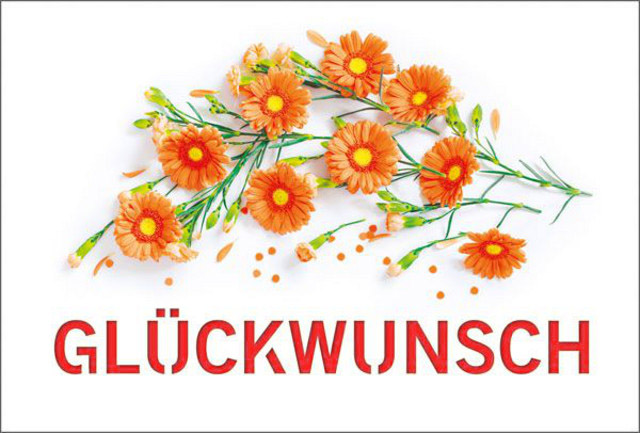 Sommerliche Glückwunschkarte mit orangefarbenen Gerberas und "Glückwunsch", Einleger rot