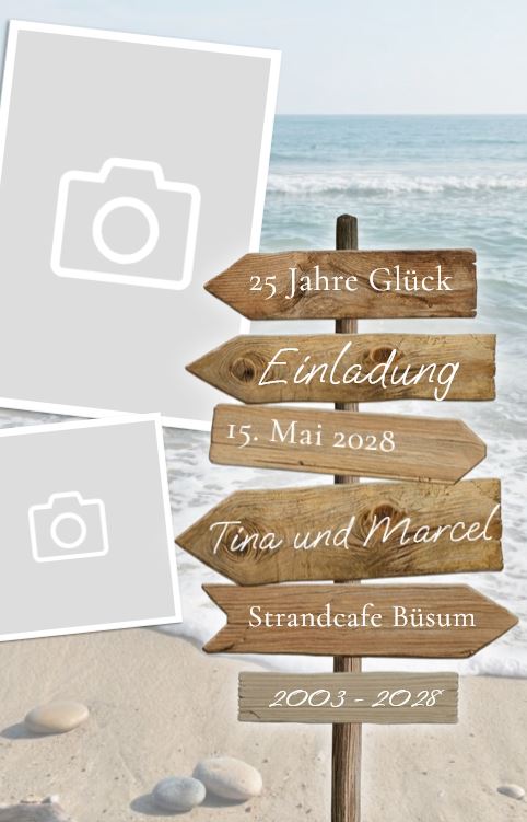 Maritime Einladungskarte zur Silberhochzeit "Meeresbriese" mit Schilderbaum, eigenen Bildern, Strand und Meer
