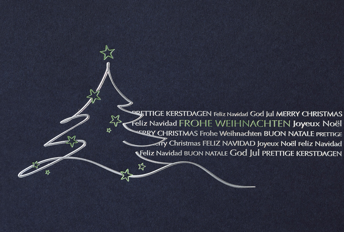 Weihnachtskarte nachtblau mit Weihnachtsbaum & Frohe Weihnachten