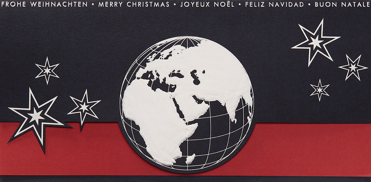 Weihnachtskarte nachtblau rot silber mit Weltkarte und Sternen
