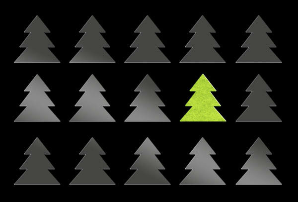 Weihnachtskarte mattschwarz mit UV-Lack und grünem Filz-Weihnachtsbaum