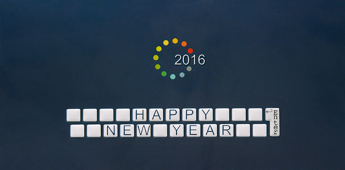Neujahrskarte blau mit Jahreszahl 2016 Tastatur happy new year
