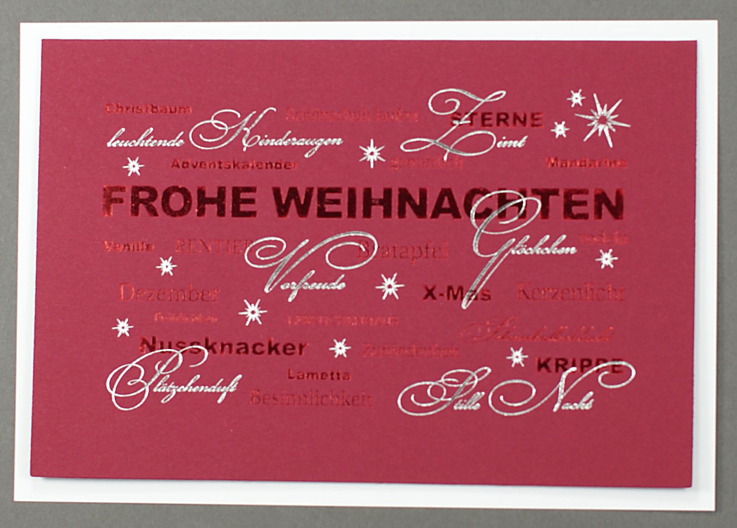 Weihnachtskarte rot mit vielen Begriffen passend zu Weihnachten