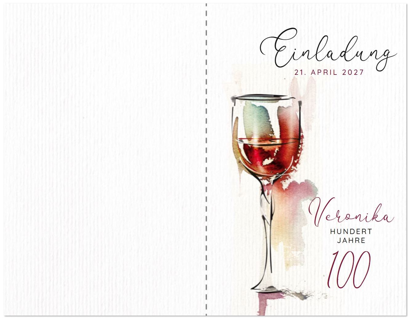 Einladungskarte zum 100. Geburtstag mit Rotweinglas im Aquarellstil als Klappkarte mit individuellem Einladungstext auf den Innenseiten.