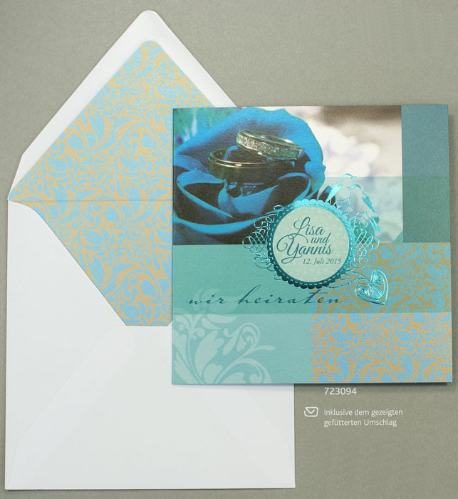 Hochzeitskarte quadratisch Eheringe Vögel Herz türkis ba723094