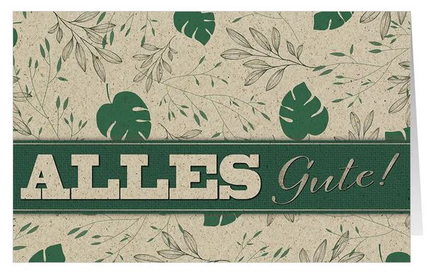 Naturbraune Glückwunschkarte mit grünen Blättern und dem Schriftzug "Alles Gute" aus nachhaltigem Graspapierkarton