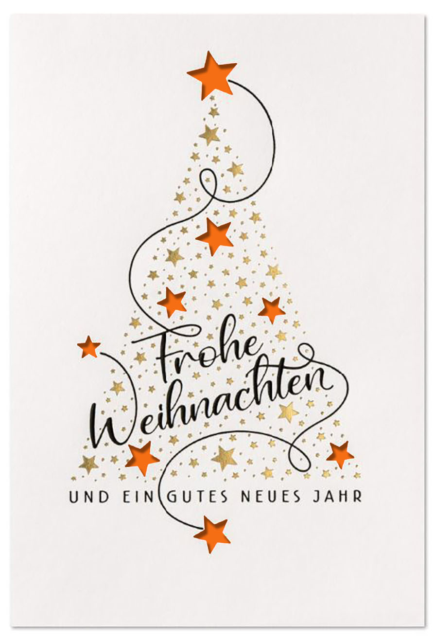 Weihnachts-Spendenkarte mit Sternstanzung und Weihnachtsgruß zugunsten der Kinder-Not-Hilfe, Einleger orange
