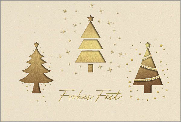 Elegante Weihnachtskarte mit drei Tannen, Sternen und „Frohes Fest“ in gold sowie goldenem Falteinleger
