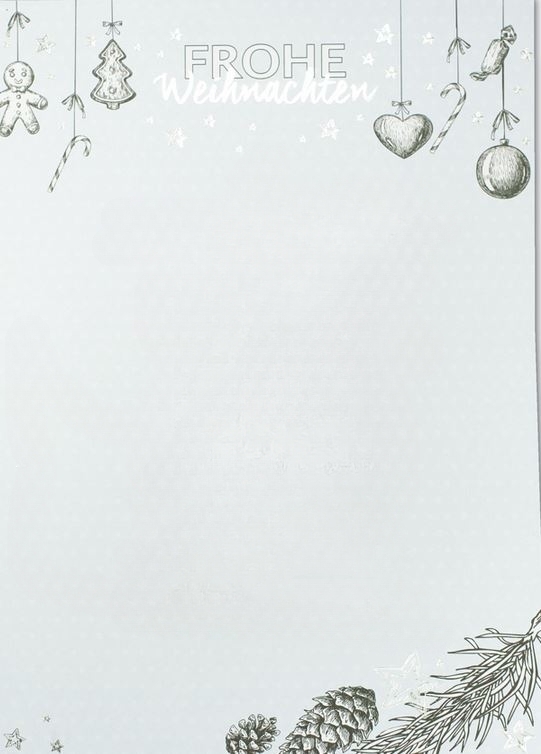 Weihnachtsbriefbogen in blau mit Tannenzapfen und Baumschmuck DIN A4