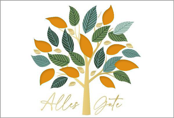 Weiße Glückwunschkarte "Lebensbaum" mit Stanzung, Goldfolienprägung und Einlegeblatt in orange