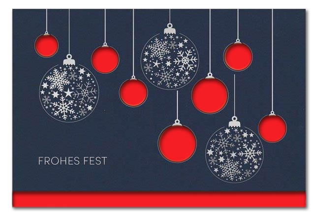 Elegante Weihnachtskarte in Blau mit silbergeprägten Weihnachtskugeln und "Frohes Fest", Einleger rot