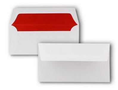 Briefumschlag DIN lang 22x11cm in weiß mit rotem Seidenfutter, nassklebend