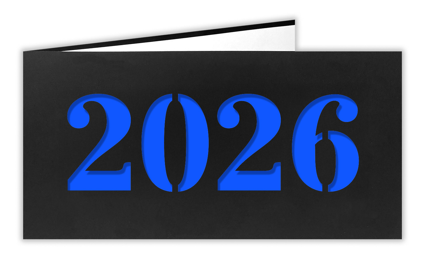 Neujahrskarte schwarz mit Laserstanzung 2026 und blauem Einleger