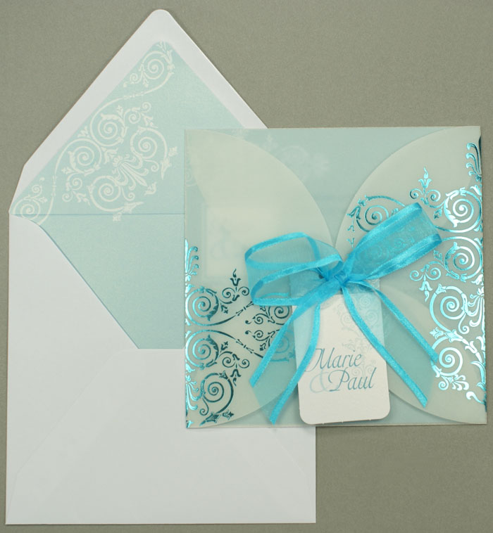 Einladungskarte weiß metallic azur Ornament Transparentpapier