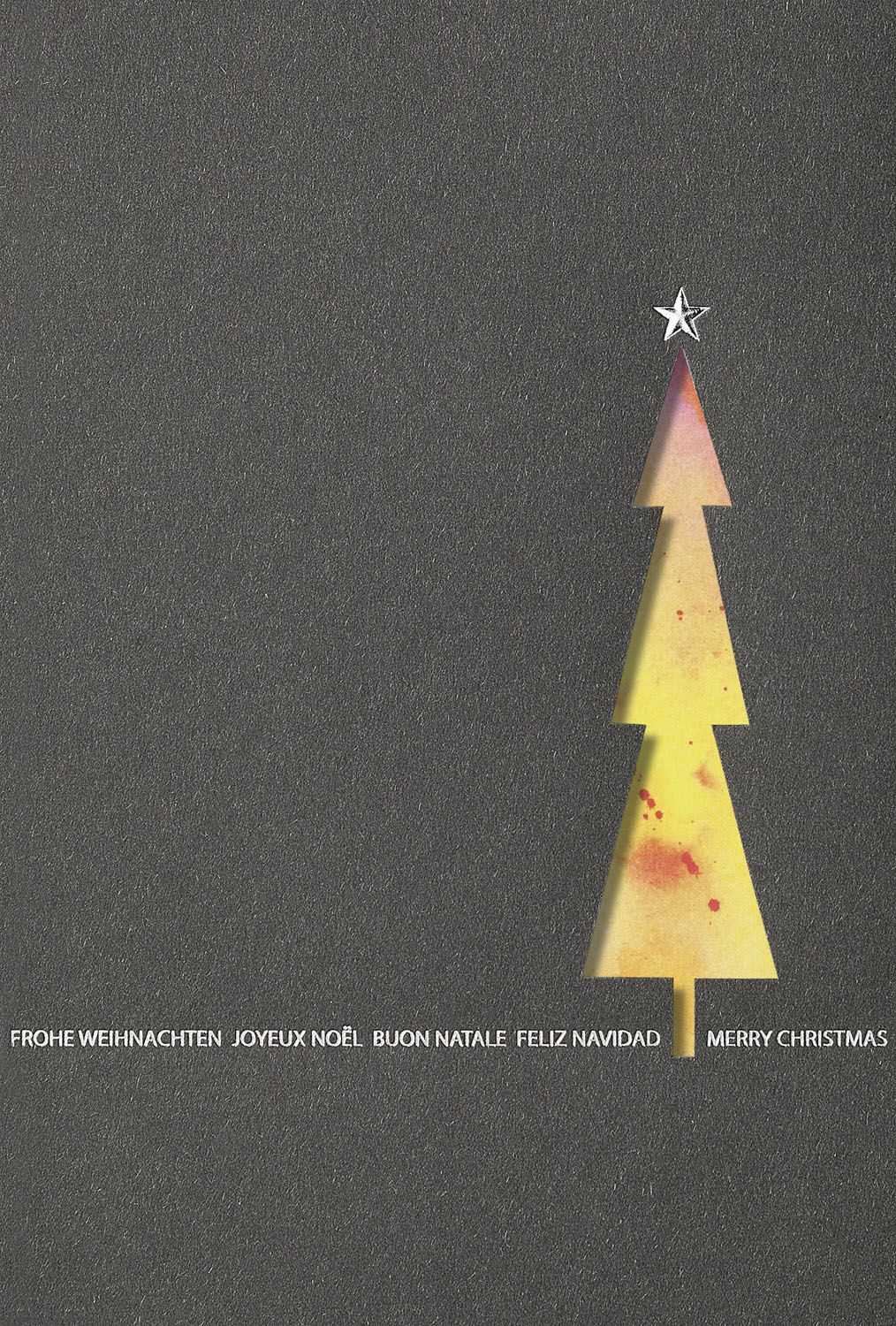 Weihnachtskarte Frohe Weihnachten international mit Weihnachtsbaum und buntem Einleger
