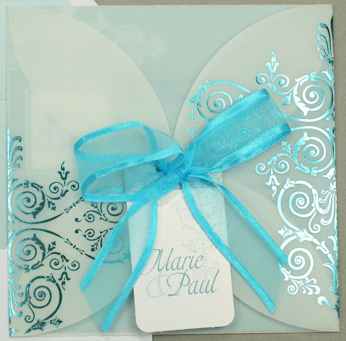 Einladungskarte weiß metallic azur Ornament Transparentpapier