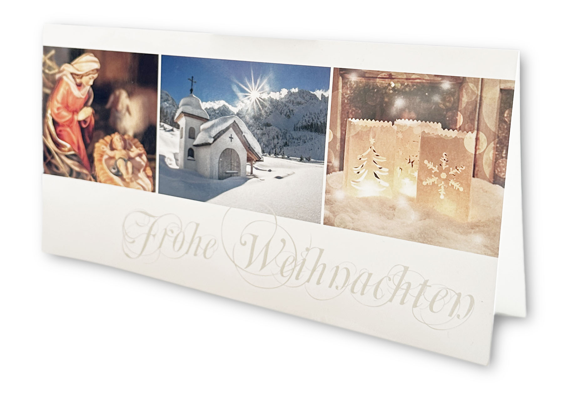 Drei verschiedene Motive gedruckt: Maria und Jesu, eine Kapelle im Winter und Tütenlichter sind zu sehen. Frohe Weihnachten steht darunter auf der Weihnachtskarte