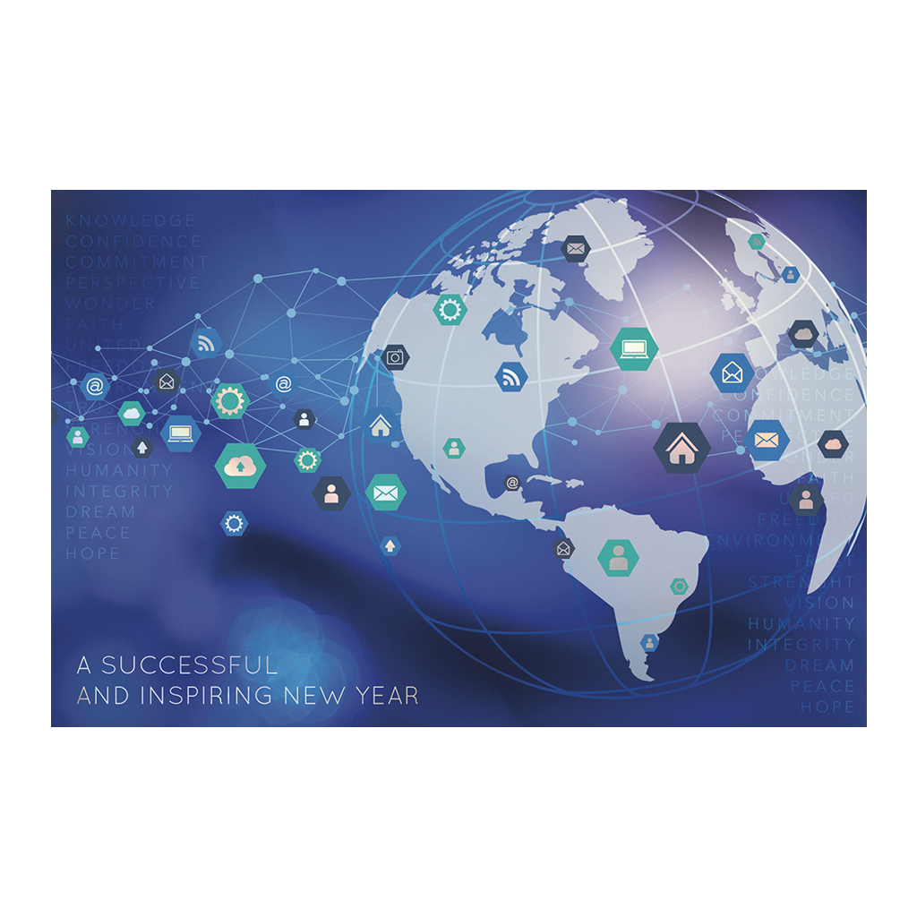 Internationale Neujahrskarte in blau, geschäftlich mit Weltkugel und Internetsymbolen