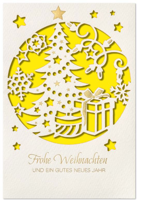 Weihnachtsgrußkarte in weiß mit edler Laserstanzung und Goldfoliendruck, Einleger gelb