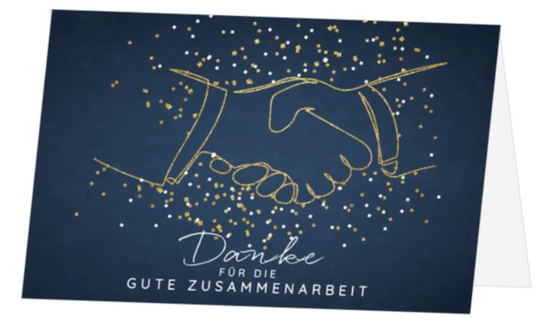 Firmen-Danksagungskarte in blau mit Dank für die Zusammenarbeit und Spendenanteil für: DKMS Wir besiegen Blutkrebs