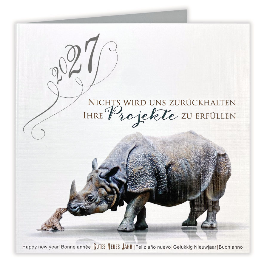 Quadratische Neujahrskarte 2027 international mit Hund und Nashorn - Projekte erfüllen
