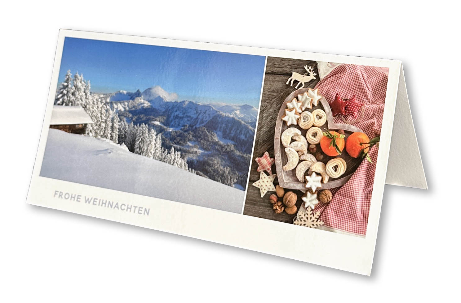 Weihnachtskarte "Winter in den Bergen" mit Fotocollage aus Winterlandschaft und leckeren Plätzchen.