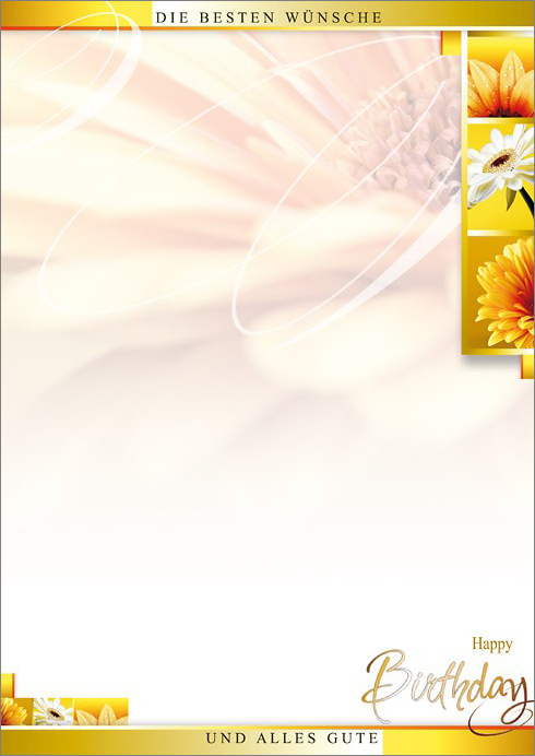 Schmuckbriefpapier "Sunshine" mit Gerbera-Blüten und Schriftzügen zum Geburtstag
