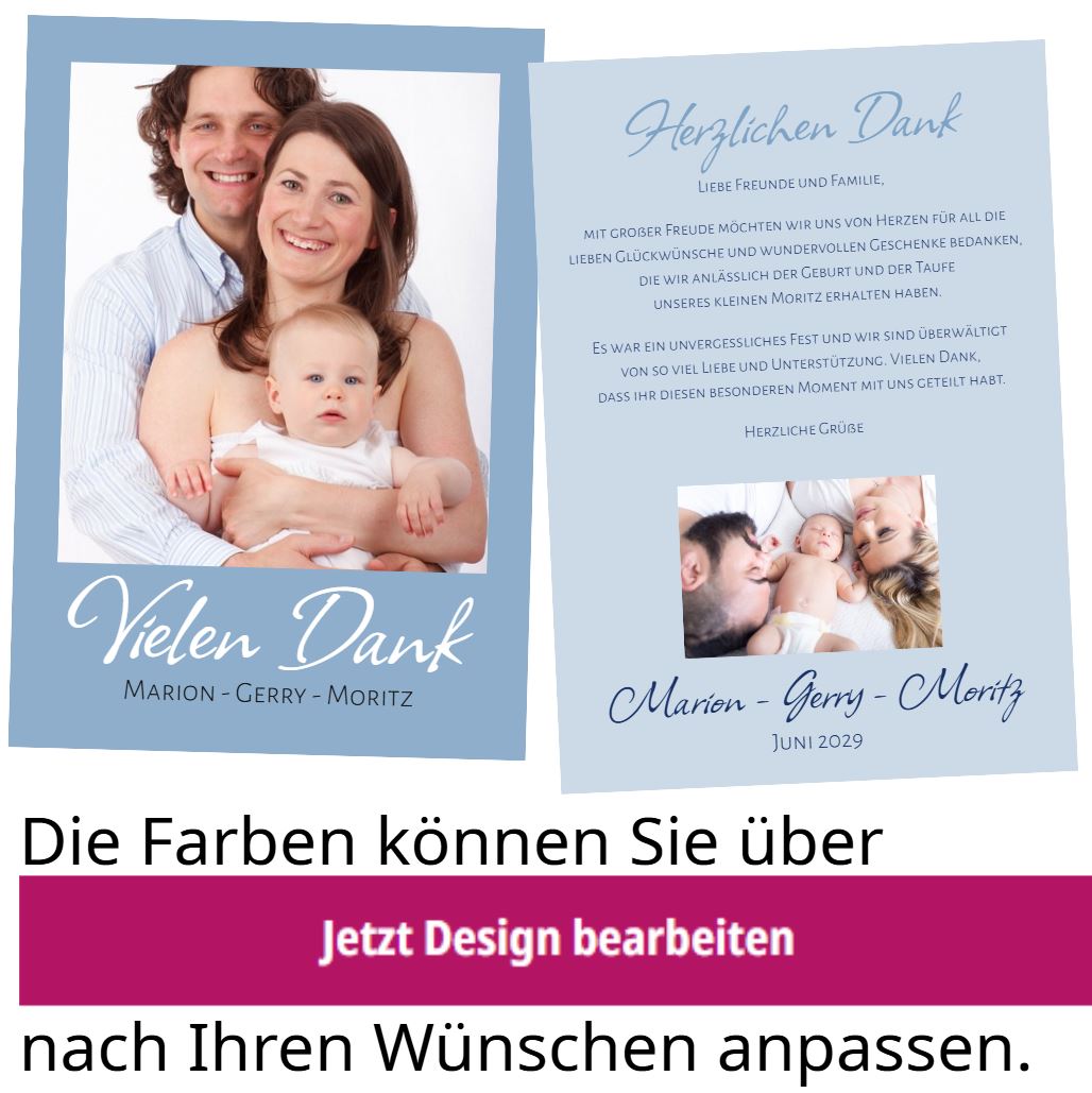 Foto-Dankkarte zur Taufe / Geburt Baby DIN A6, individuell zu gestalten