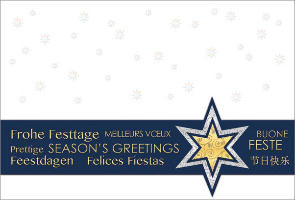 Weihnachtskarte Frohe Festtage weiß mit Banderole mit Stern und internationalen Grüßen
