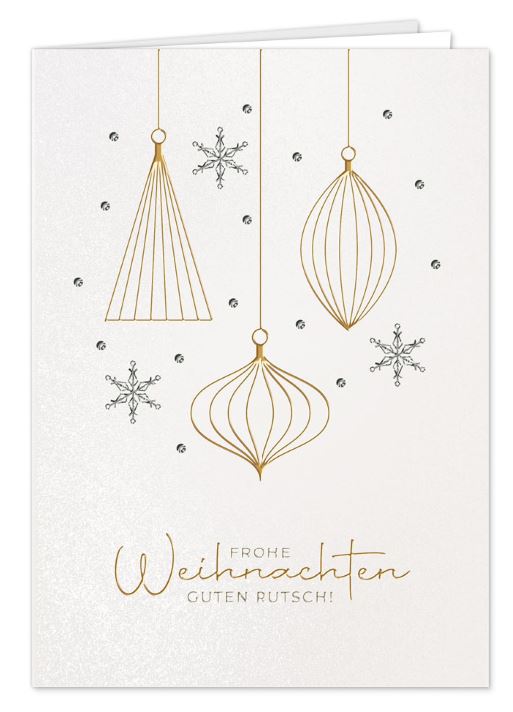 Elegante Weihnachtsgrußkarte „Filigrane Christbaumkugeln“ in Weiß mit Gold- und Silberprägung, inkl. Einlegeblatt