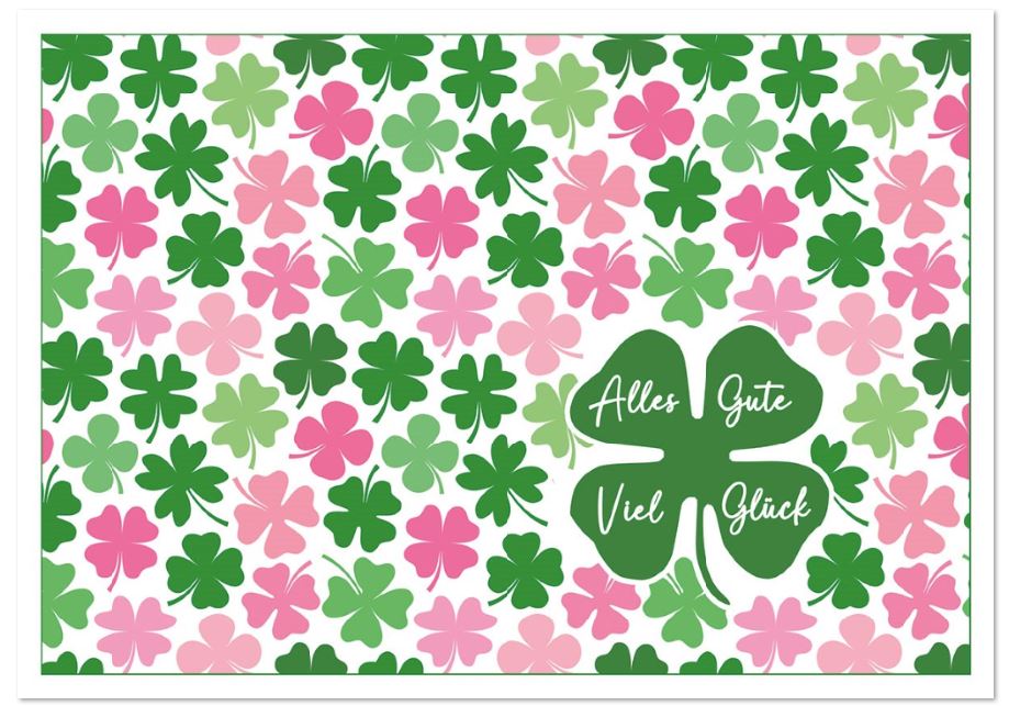 Glücksbringer-Glückwunschkarte "Kleeblattgruß" mit Alles Gute und Viel Glück als Grußbotschaft