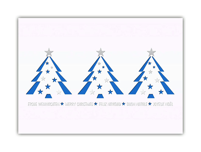 Internationale Weihnachtskarte guter Zweck Deutsche Kinderkrebsstiftung mit blauem Einleger