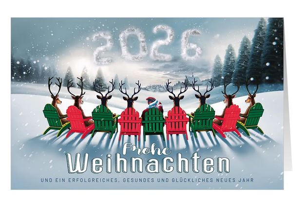 Firmen-Weihnachtskarte "Rentiere im Feierabend" mit Jahreszahl 2026 und geschäftlichen Weihnachts- und Neujahrsgrüßen