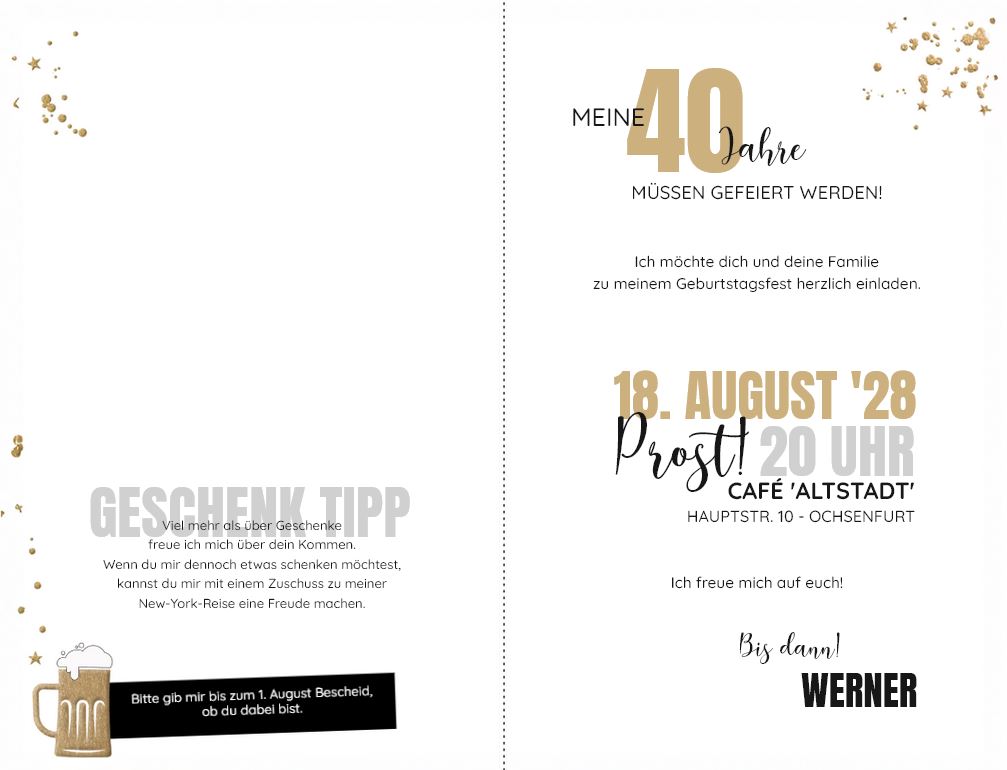 Rustikale Einladungskarte zum 40. Geburtstag mit Bierkrug im zünftigen Design
